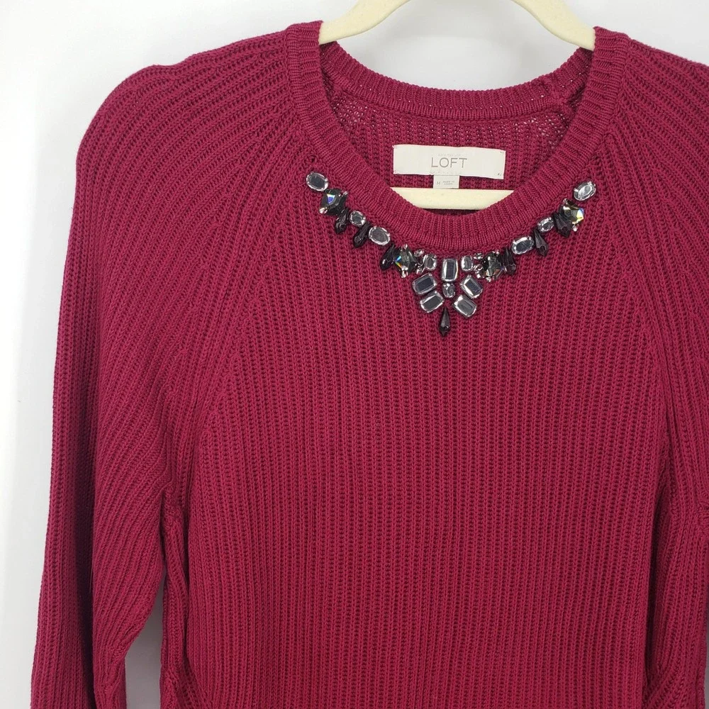 LOFT Jeweled Crew Neck Sweater M Embellished Beaded Ribbed Knit Cotton Silk‎ Red